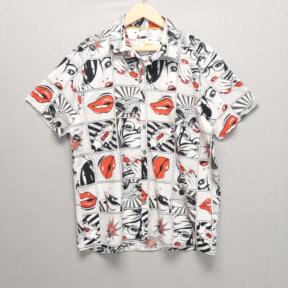 Mens L Pop Art Graphic Button Up Shirt Comic Print‎ Novelty Streetwear Festival